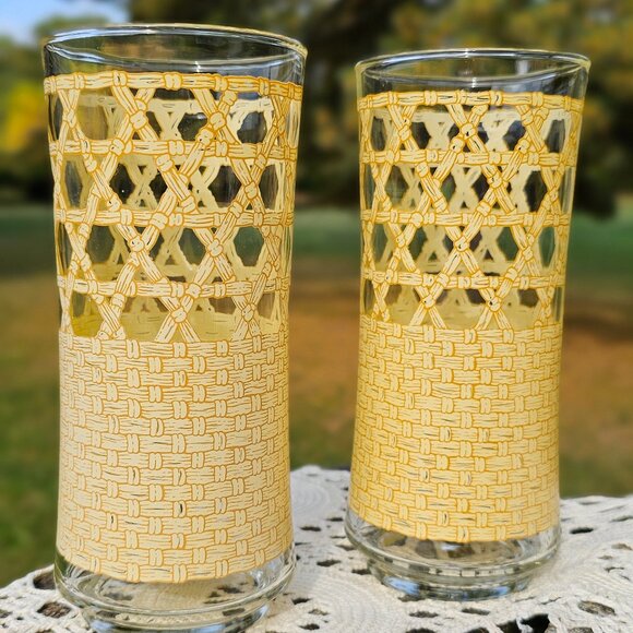 Libbey tumbler drinking glasses set of 2 woven rattan cane pattern vintage 1970s - Picture 1 of 9